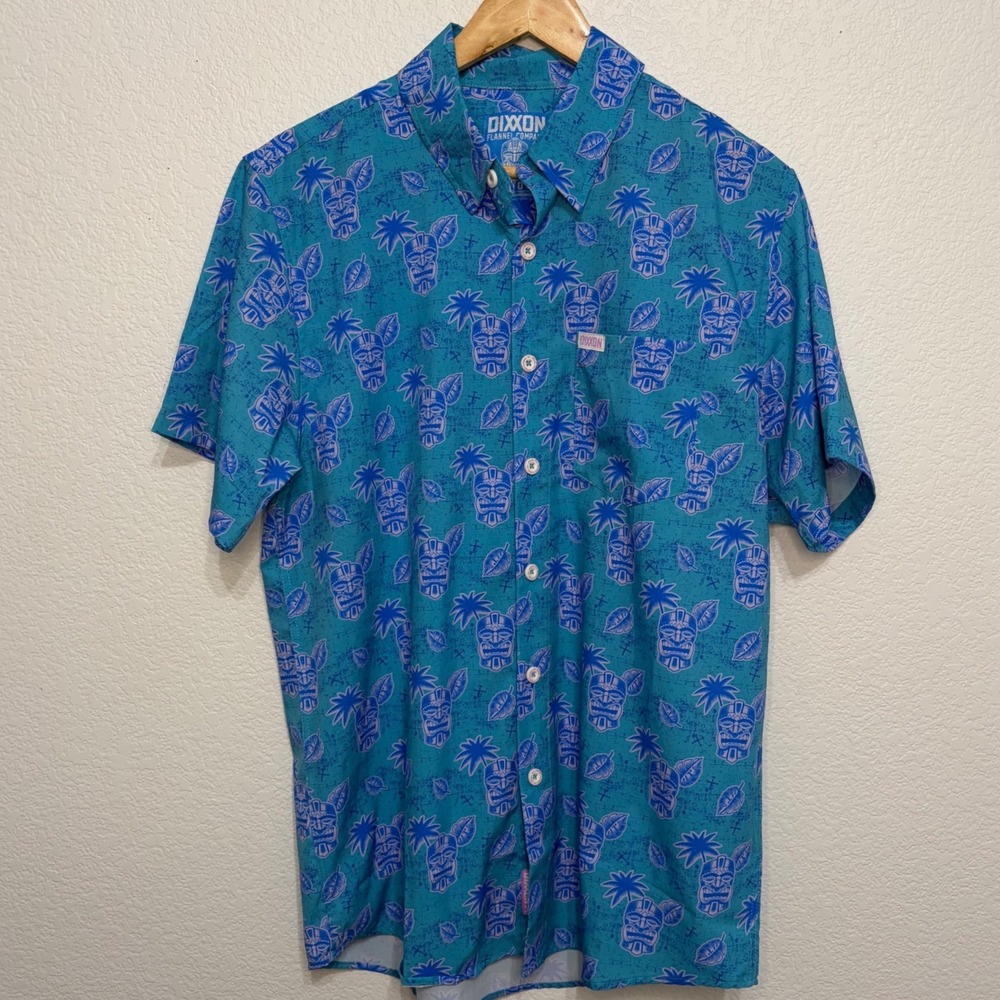 Dixxon Flannel Co Tiki Totem Teal Blue Tropical Short Sleeve Button Up Shirt M